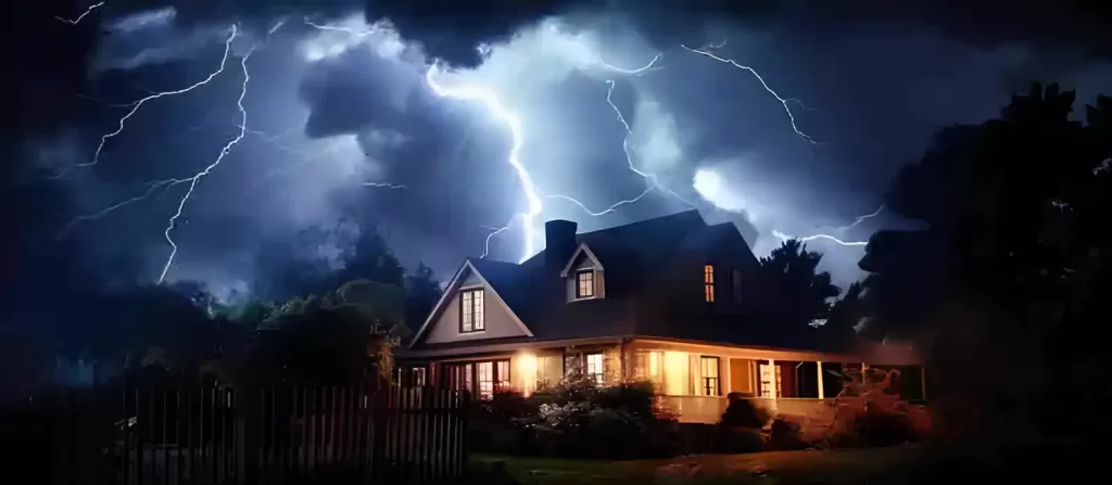 A serious storm damage storm behind a house with the internal lights turned on.