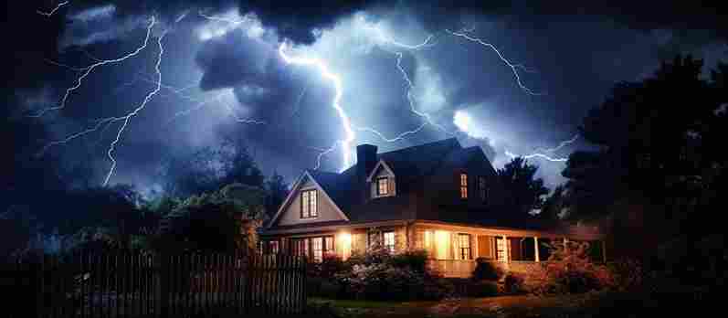 A serious storm damage storm behind a house with the internal lights turned on.