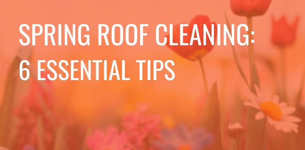Spring roof cleaning advice text over a blurred background of colorful spring flowers.