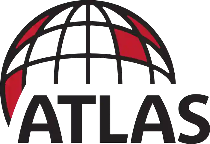 Stylized globe with red segments above bold black letters spelling ATLAS.