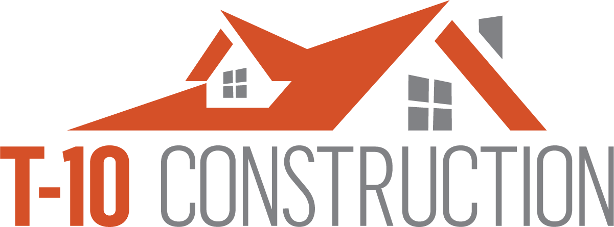T-10 Construction logo with orange rooftops and grey windows above bold orange and grey text.