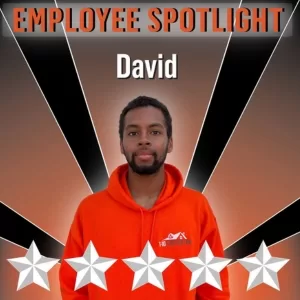 Employee spotlight image showing a man named David in an orange hoodie with a star rating.