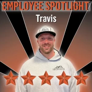 Employee spotlight graphic showing a man named Travis in a hoodie and cap with black and orange starburst background.