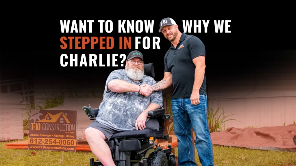 Two men shaking hands outdoors near a T-10 Construction sign advertising roofing services.