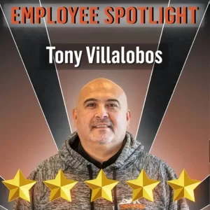 Employee spotlight featuring Tony Villalobos with a large V background and five gold stars.