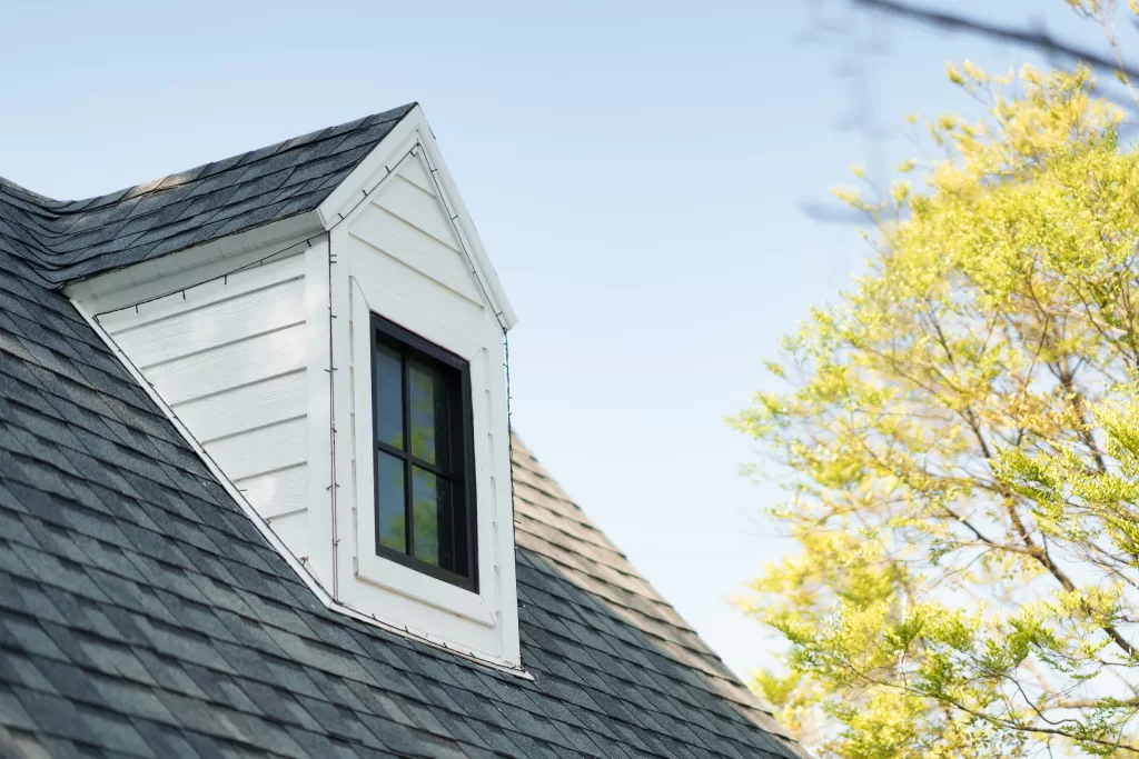House roof with dark gray shingles, white dormer window with black frame, and green tree branches.