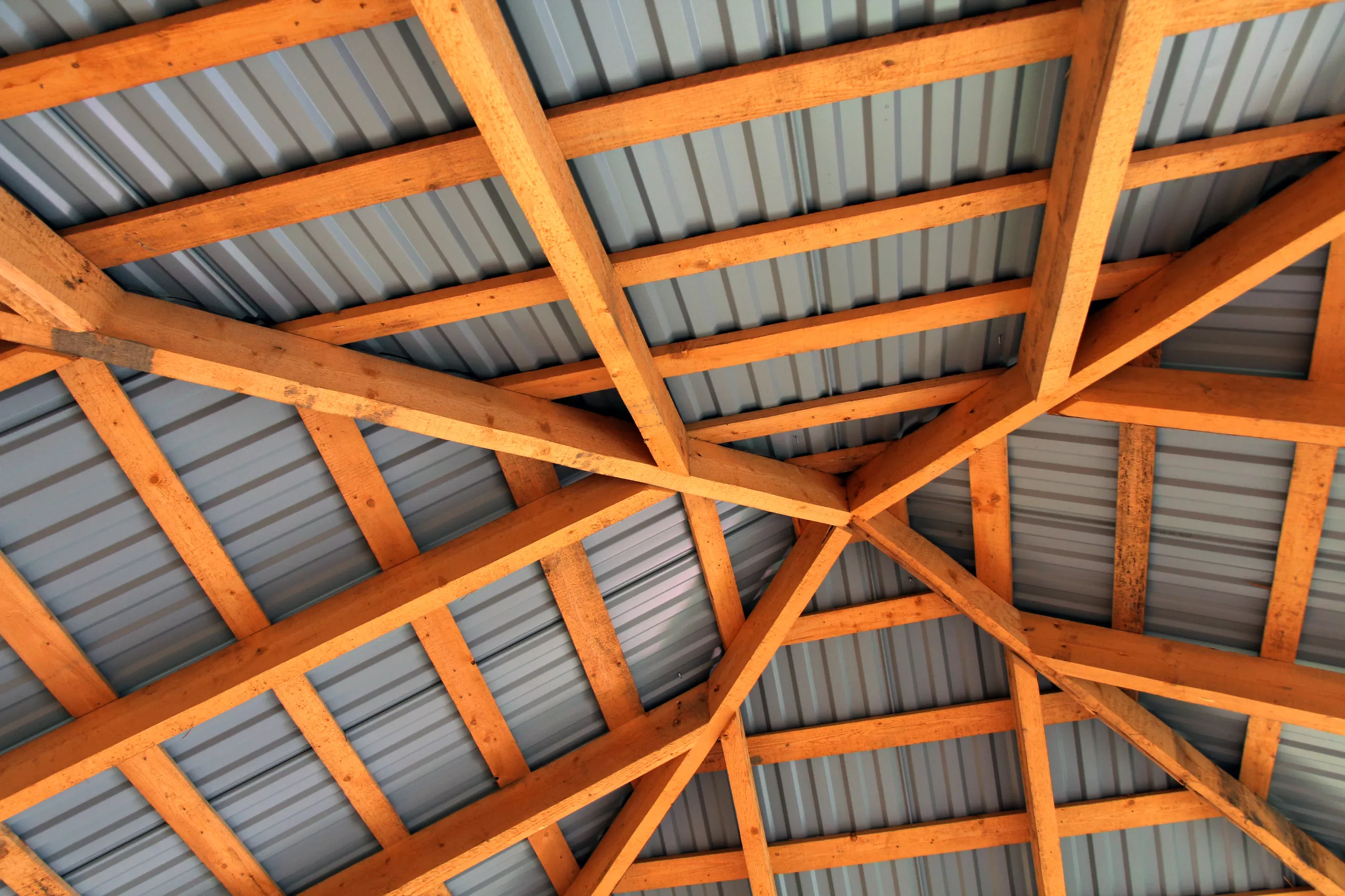 Interior view of roof structure with wooden beams supporting corrugated metal panels